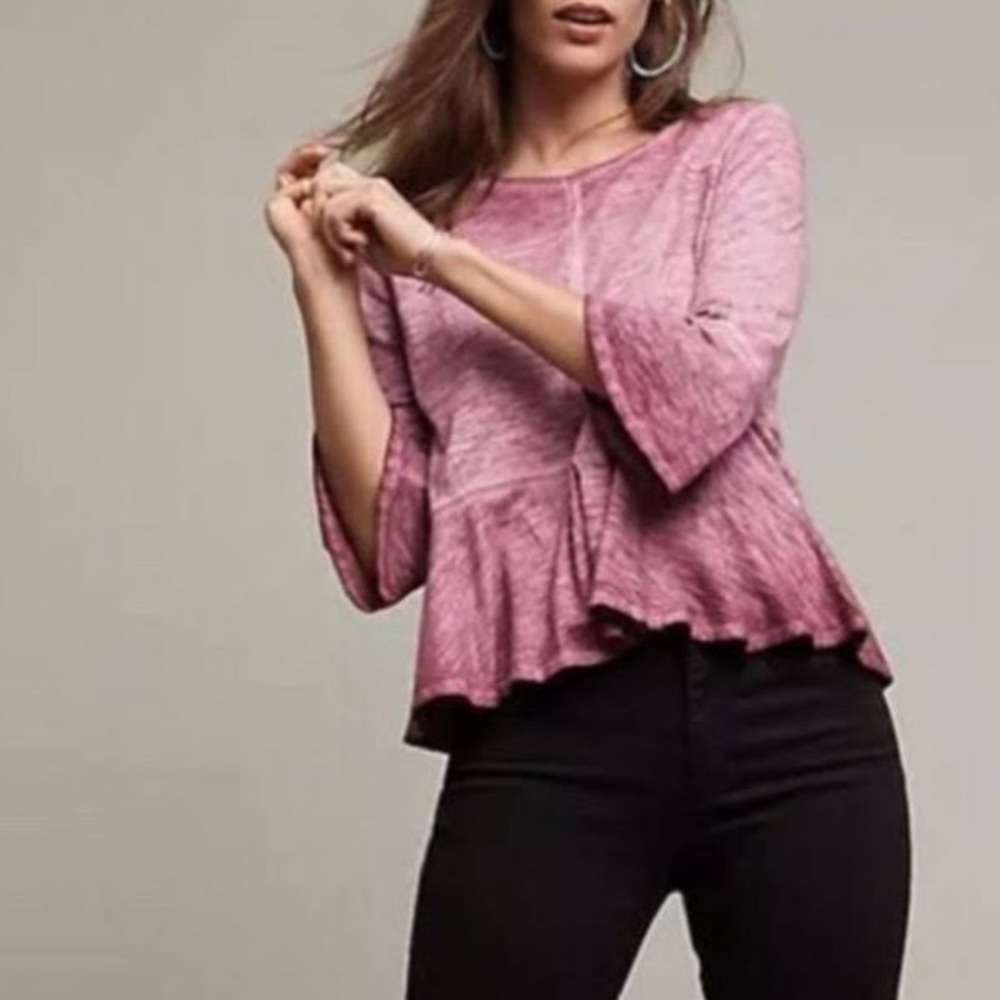 Anthropologie Akemi + Kin Heather Pink Peplum 3/4 Bell Sleeve Knit Ombré top S